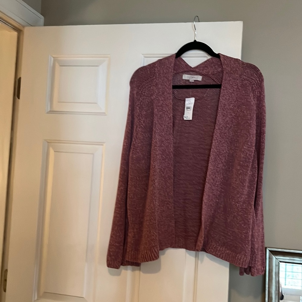 Loft ramie/cotton pink open cardigan with bell sleeves.